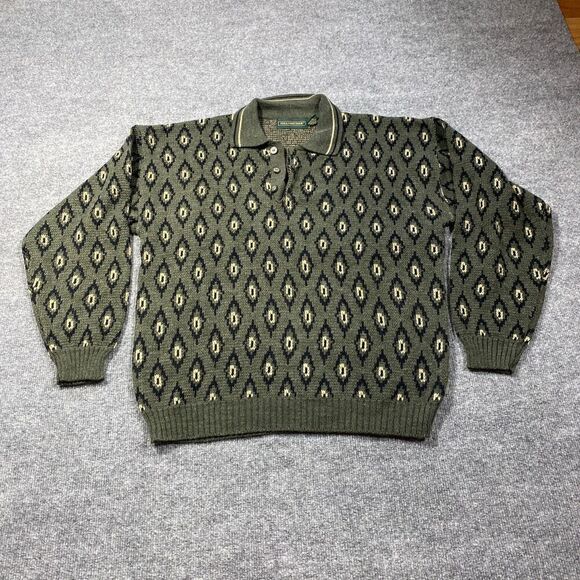 Hill Archer Other - Vtg Ugly Sweater Knit Mens Large Green Geometric Diamond Collared Cosby Grandpa